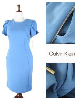 Calvin Klein Womens Solid Blue Short Sleeve Sheath Dress Size 10 Formal Career